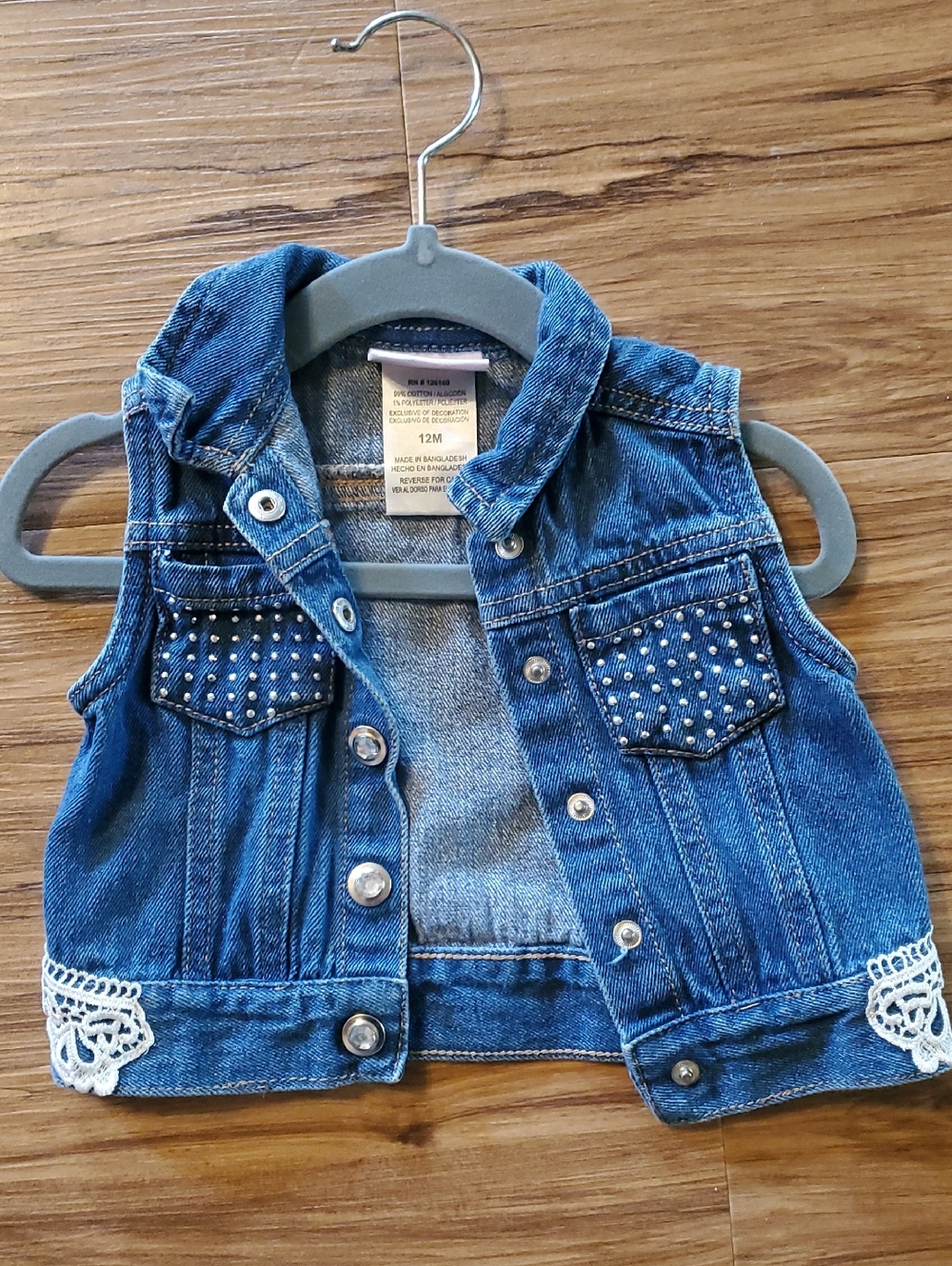 Little Lass Blue Denim Studded Girls' Vest with Lace Trim